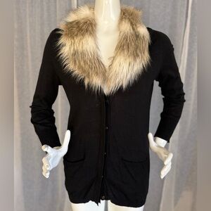 LOFT Black Cardigan with Detachable Faux Fur Collar